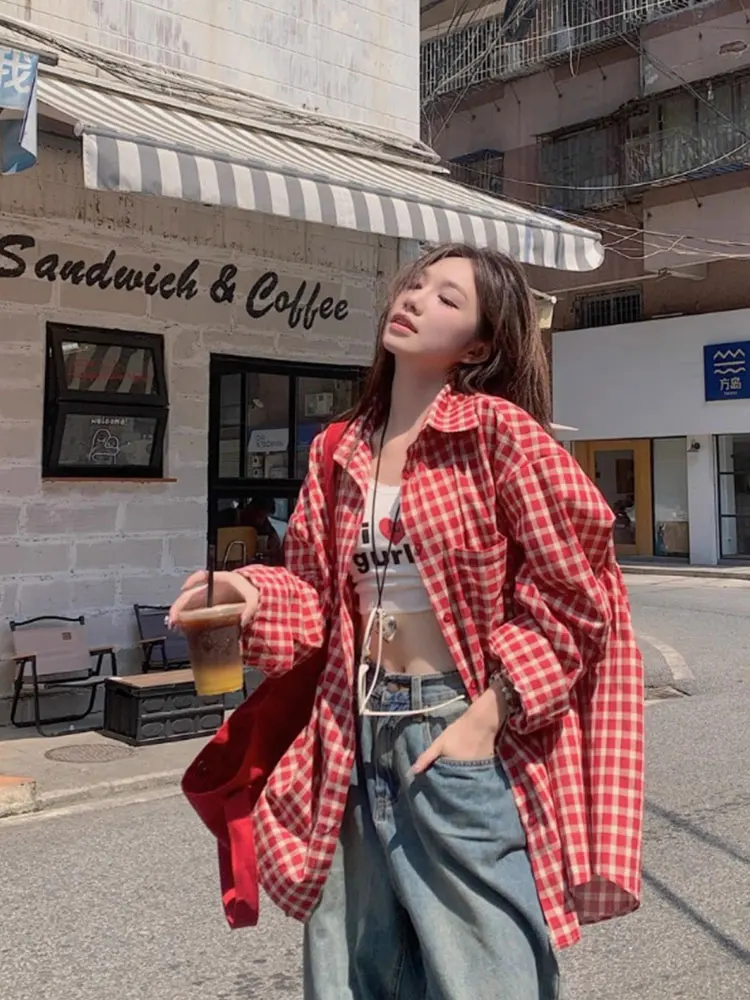 plus Size Women's Red Plaid Long Sleeve Shirt Stand Collar Slimming Korean Style Fashionable Office Wear Autumn Top