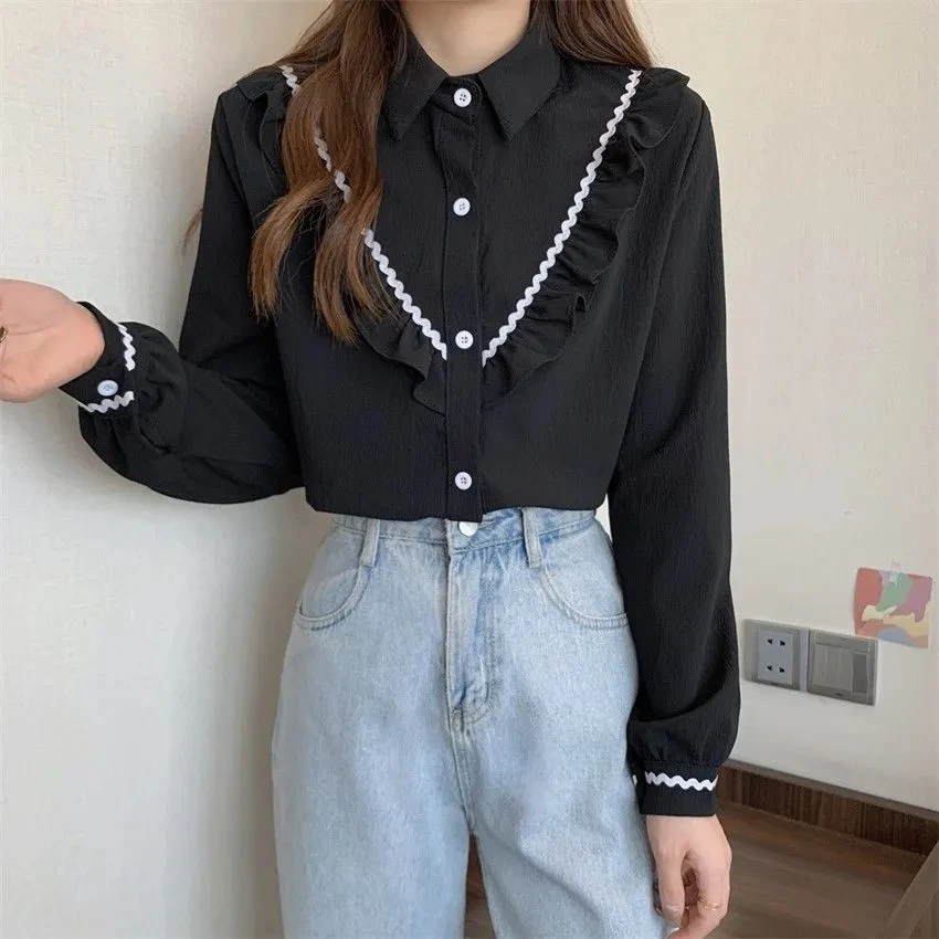 

Autumn Winter Korean Fashion Chiffon Women Elegant Preppy Style Loose Clothes Full Sleeve Original Design Blusas Tops G2889