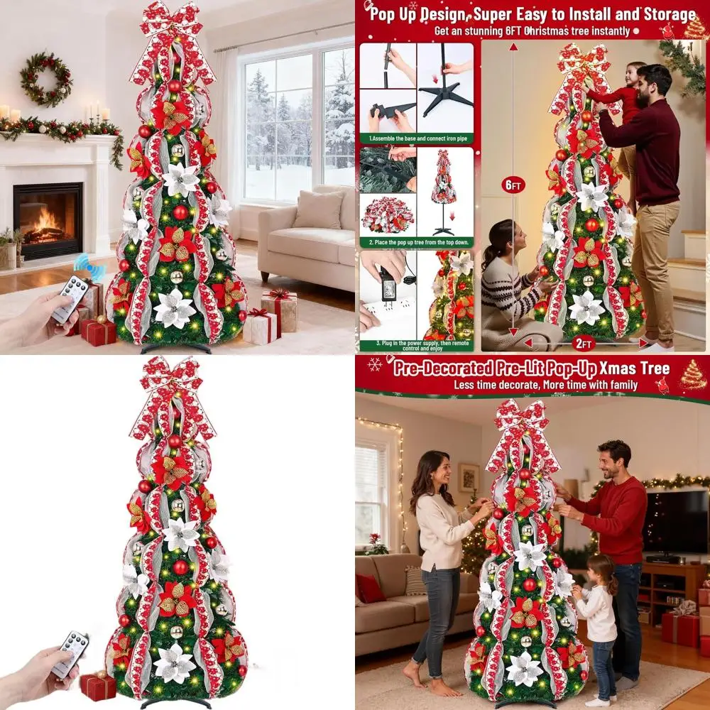 

6ft Pre-Lit Decorated Pop-Up Christmas Tree with 200 Lights and Remote, Collapsible Artificial Tree with Ribbon Bow for Indoor/O