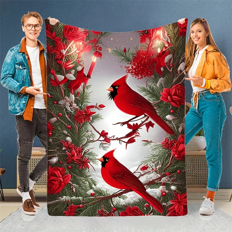 Cozy Winter Christmas Red Bird on Branch Themed Pattern Printed Flannel Blanket, Gift for Holiday Memories