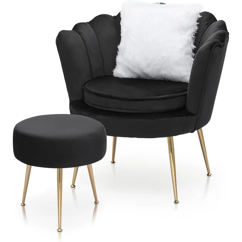 Silla moderna con respaldo festoneado de terciopelo: color negro, capacidad de peso de 250 lb, reposapiés y almohada, uso en interiores