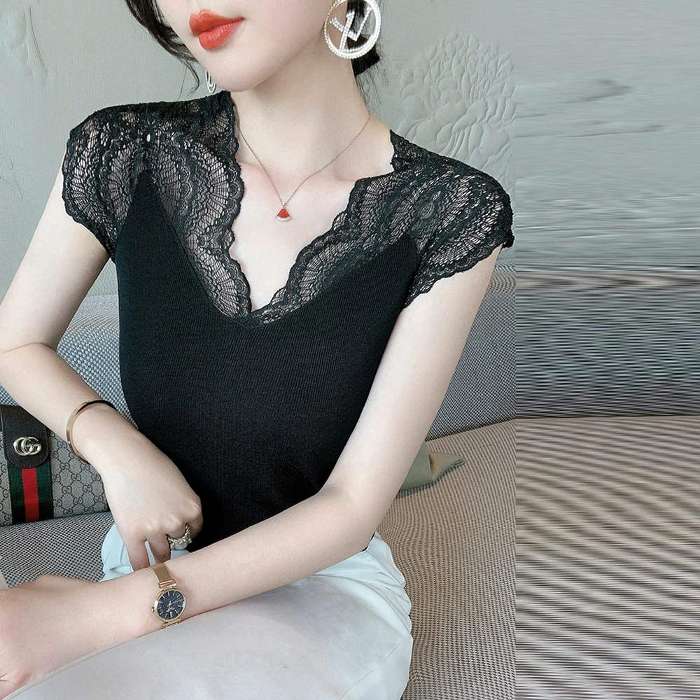 สีดําสีชมพูแขนกุด Splicing Elastic T เสื้อผู้หญิงสีฟ้าสีขาวดอกไม้ลูกไม้แผงเสื้อสาว S-3XL เสื้อผ้าหญิงเสื้อ