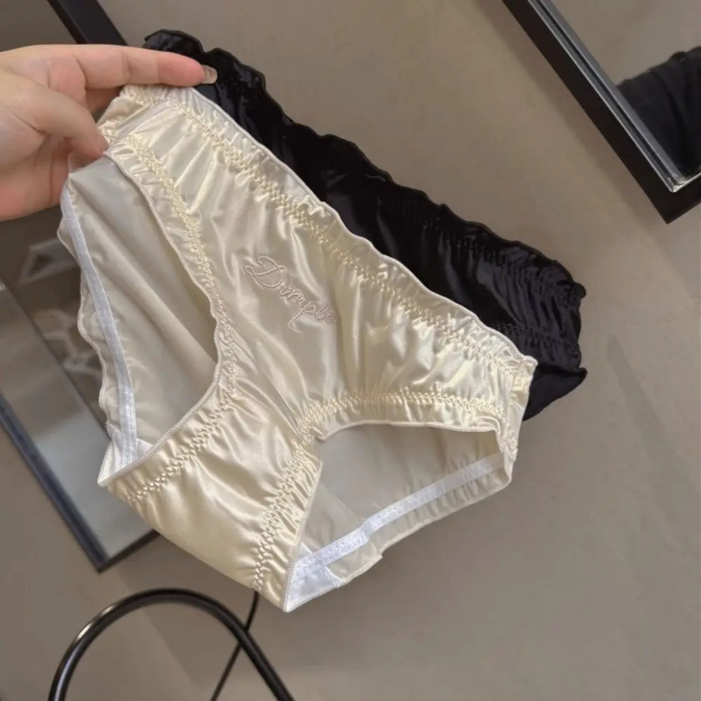 

Fashion Embroidery Letter Ruffles Satin Silk Panties Underpants Thin Women's Satin Ruffle Briefs Women Lingeries Mid Waist Daily