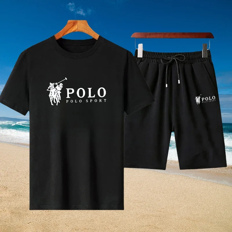 Men's casual summer cotton short-sleeved T-shirt + jogging shorts two-piece breathable fitness fashion sportswear set