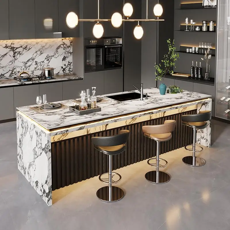 جزيرة مطبخ فاخرة مع طاولة طعام، بار وطاولة إفطار من حجر كالالا الأبيض، مقاومة للبقع ومتينة، تصميم عصري
