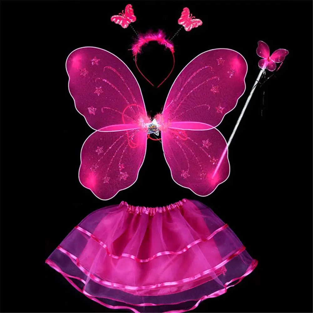 4Pcs Colorful Kids Girls Fairy Princess Costume Sets Stage Wear Butterfly Wings Wand Headband Tutu Skirts