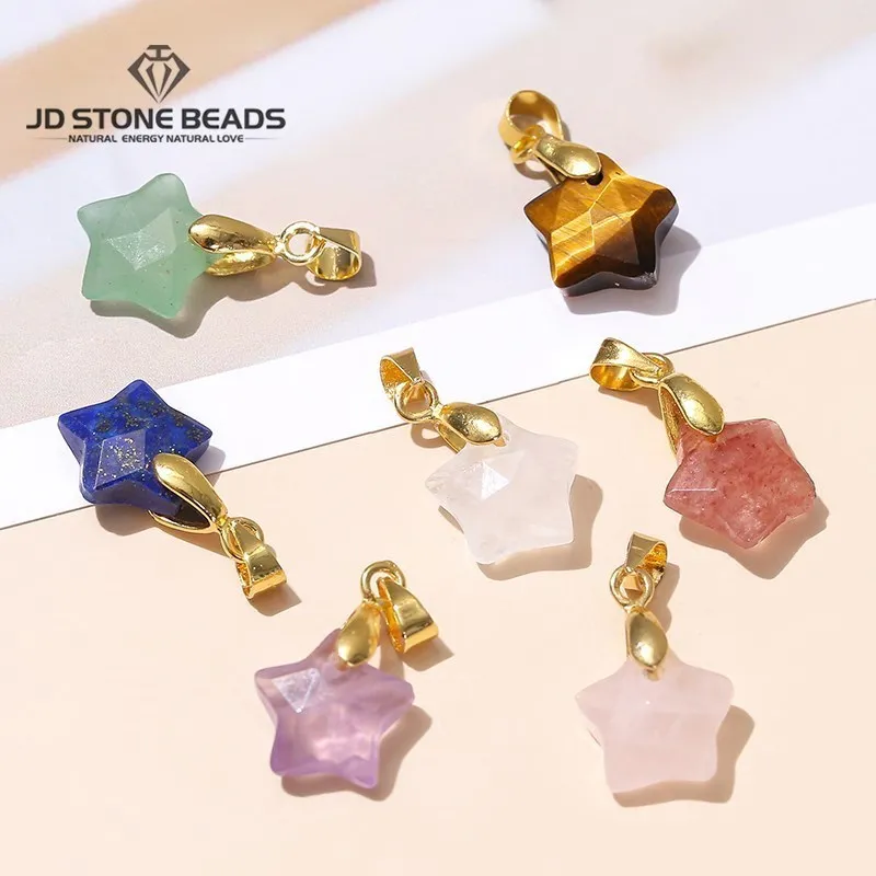 

5 Pcs/lot Natural Faceted Star Shape Pendant 11mm Yellow Tiger Eye Pink Quartz Gold Charms For Jewelry Making Handmade Accessory
