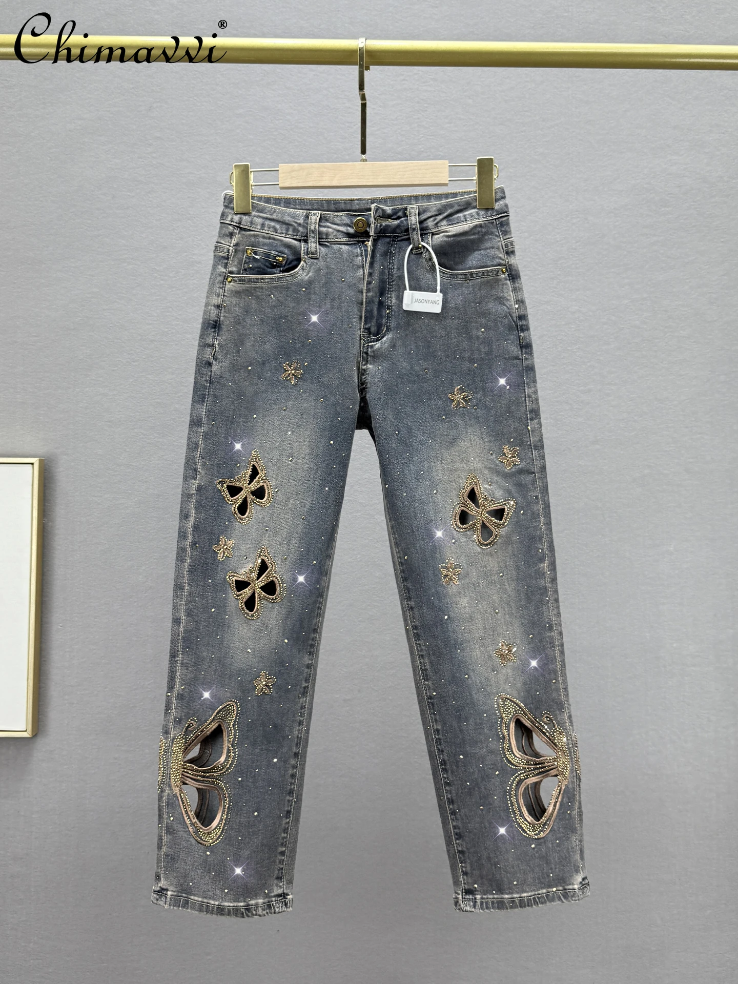 

Ripped Hollow Denim Eight-point Pants Women's Summer New Thin Fashion Cotton Elastic High Waist Slim Hot Diamond Straight Pants