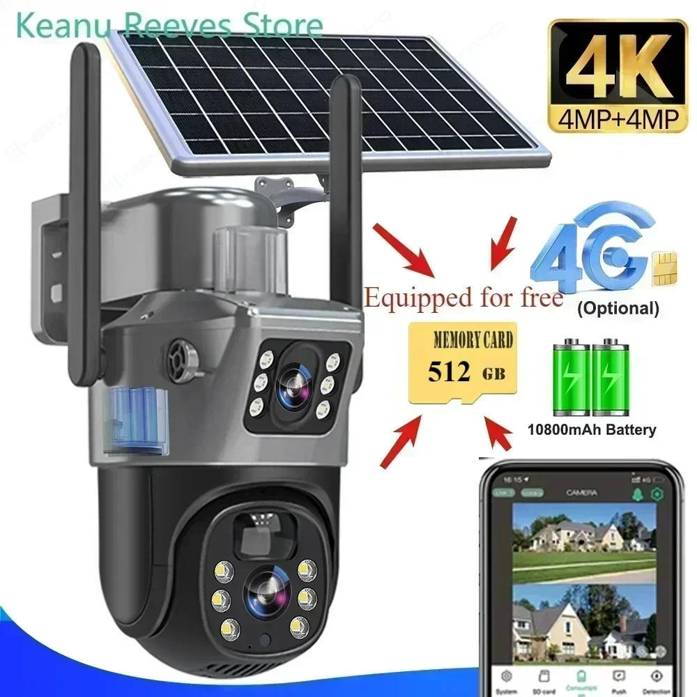 4K 8MP Sim Card Solar Camera comes free with a 512G memory Outdoor IP Cam Dual Screen Security Protection Wireless Surveillance