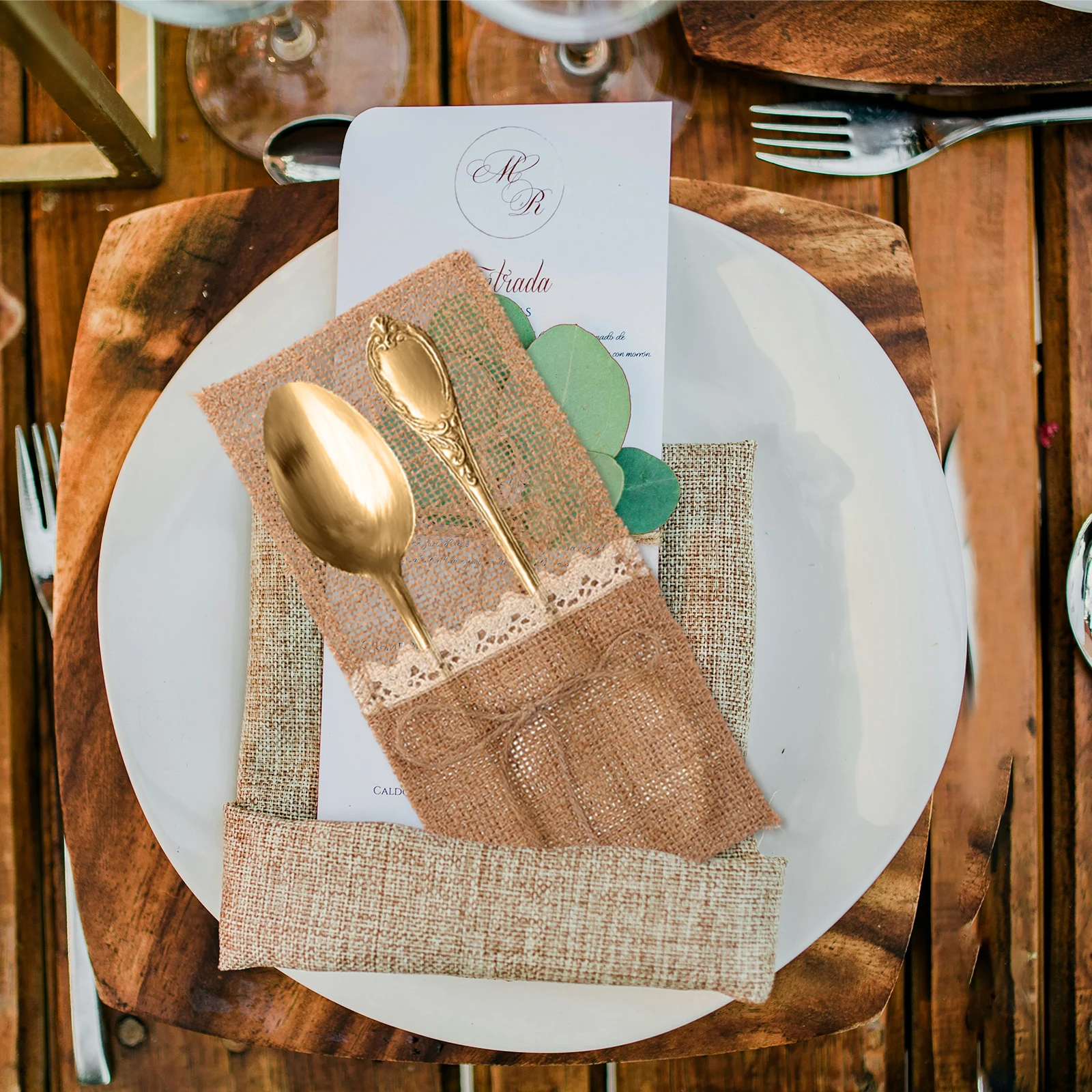 

10 pcs Cutlery Storage Bag Burlap Lace Tableware Bags Kitchen Holder Ecofriendly Washable Party Wedding Holiday Storage Pouch