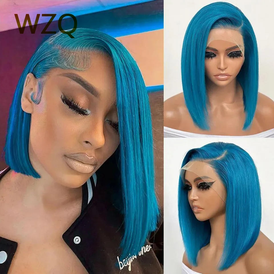 Blue Human Hair Bob Wigs Short Straight HD Lace Front Wig Pre Plucked Remy Hair Transparent 180% Density 13X4 Lace Frontal Wigs