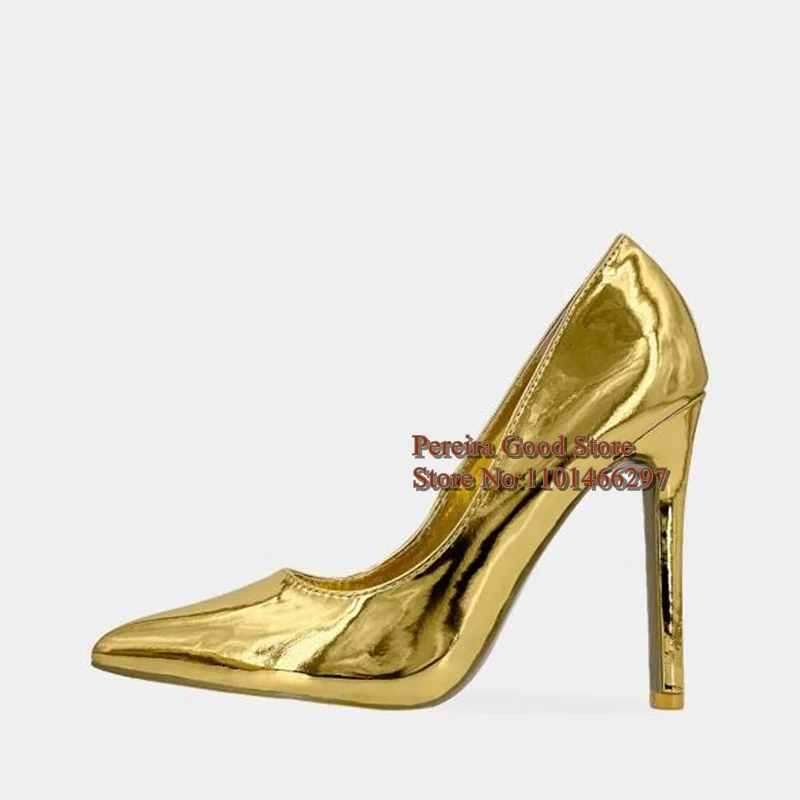 Mirror Gold Women Shallow Pumps Metallic Leather Pointed Toe 12CM 10CM 8CM slip On Women Banquet Shoes Size 46
