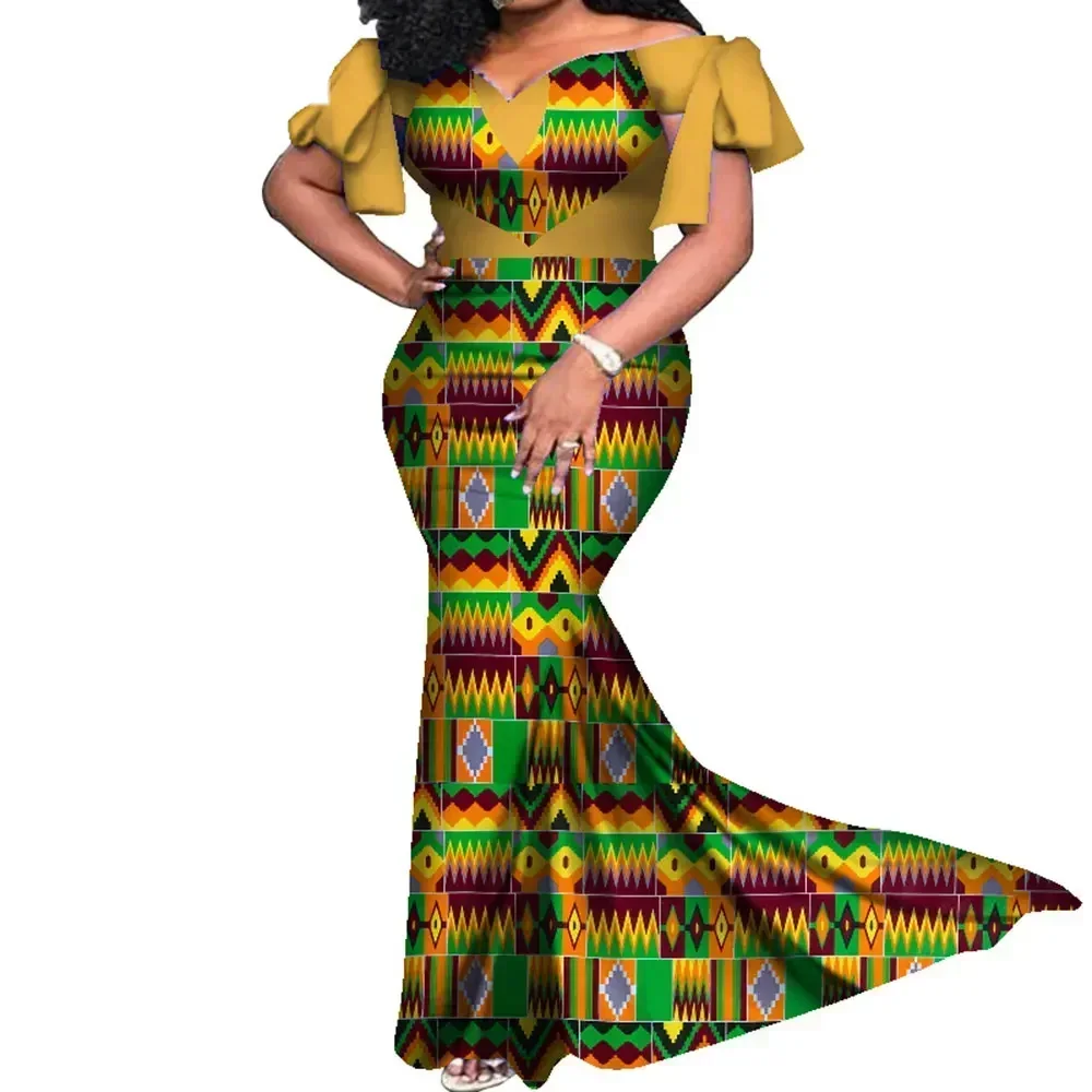 African Women Wedding Clothing with Heart Shape Slash Neck Dress Fashion Lady Elegant Wax Print Cotton Dresses WY7965