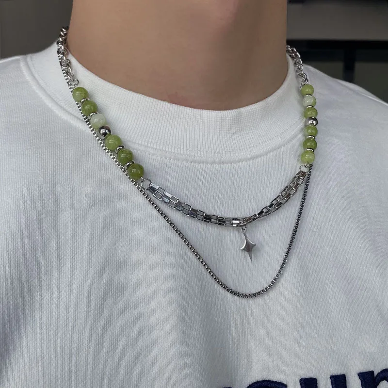 Natural Green Stone Beads Choker Necklace for Men Women Layered Stainless Steel Chain Hiphop Star Pendant  Neck Clavicle Jewelry