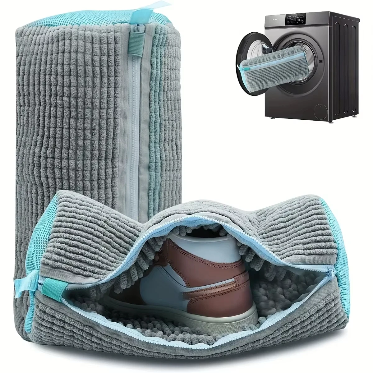 Fluffy Fiber 360° Surround Cleaning Shoe Washing Bag - Reusable Durable Machine-Washable Laundry Bag with Zipper Closure