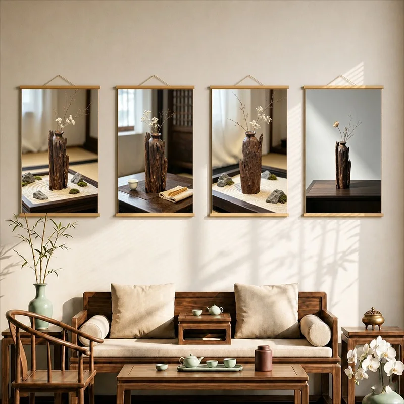 Home Decor Items Rustic Tea Sculptures on Wooden Tables, Wabi Sabi Decor Pearlescent Canvas Hanging Scroll for Tea Ceremony Room
