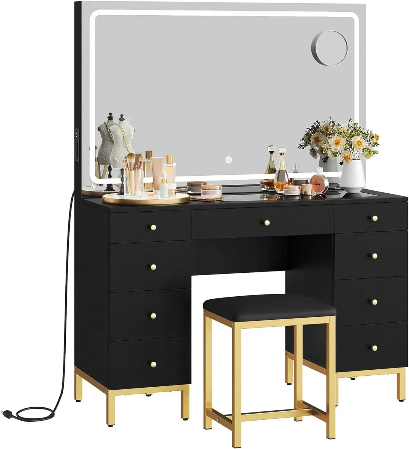 Large Black Makeup Vanity Set with LED Mirror & Charger Station, Glass Top Vanity with Adjustable 3 Color Lighting Modes