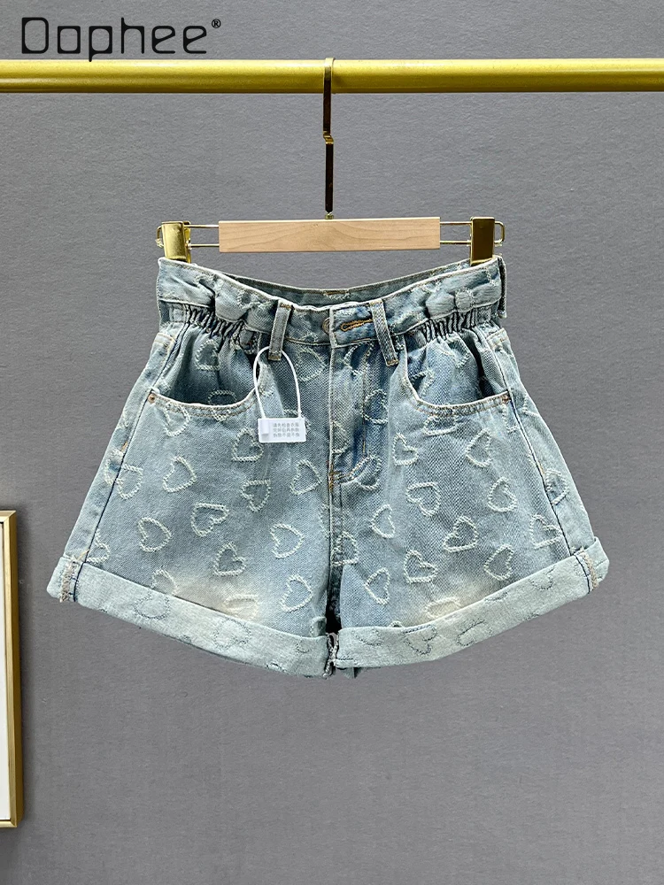 

Скрученные джинсовые шорты, женские джинсы с вышивкой в виде сердца, свободные широкие брюки с высокой эластичной резинкой на талии, джинсы трапециевидной формы, короткие брюки, повседневные универсальные