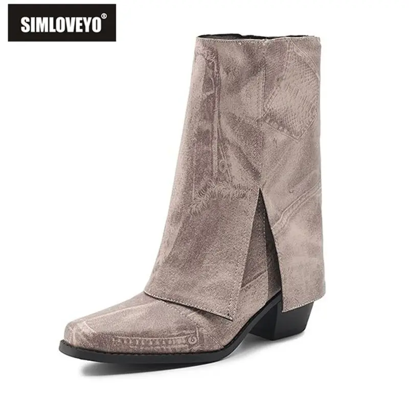 SIMLOVEYO Fashion Women Cowboy Boots Toe Block Heels 6cm Mixed Color Size 42 43 Women Pants Shoes