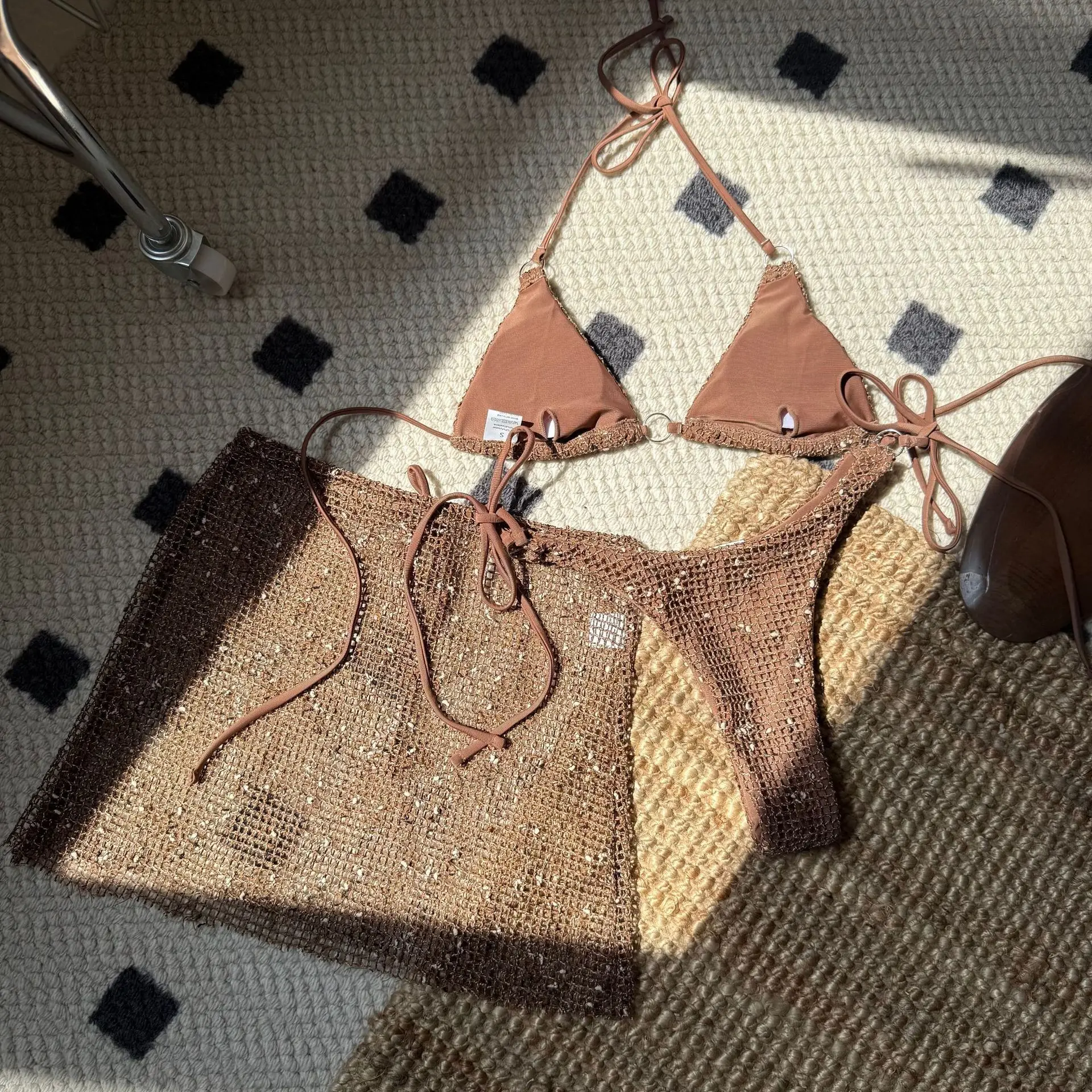 Mit Mesh Sarong Rock Halter Bikini Frauen Bademode Weiblichen Badeanzug Drei-stück Bikini Set Fishnet Badeanzug Schwimmen Bademode