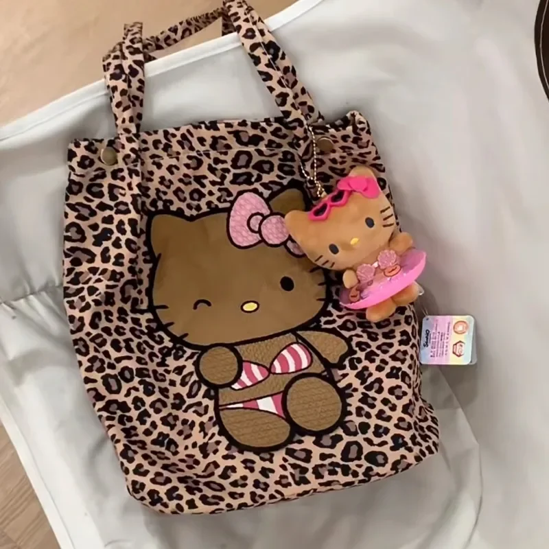 MBTI Y2k Hello Kitty Shoulder Bag for Women Canvas Leopard Print Embroidery Cartoon Handbag Hong Kong Style Fashion Armpit Bag