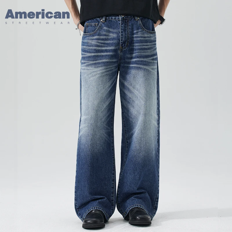 

Мужские классические джинсы свободного кроя из хлопка с эффектом потертости, модные повседневные брюки в уличном стиле, универсальные свободные штаны