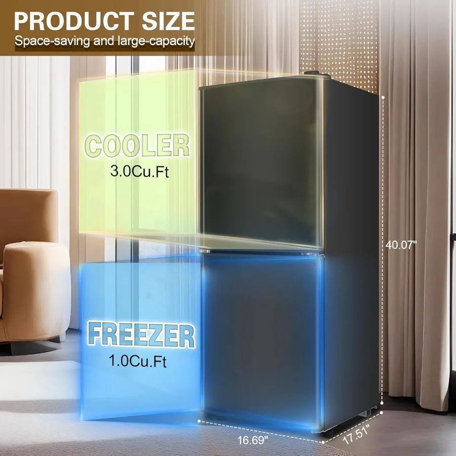 Compact 4.0 Cu. Ft. 2-Door Mini Fridge with Bottom Freezer for Dorm Apartment Office or Kitchen Features 7-Level Thermostat Con
