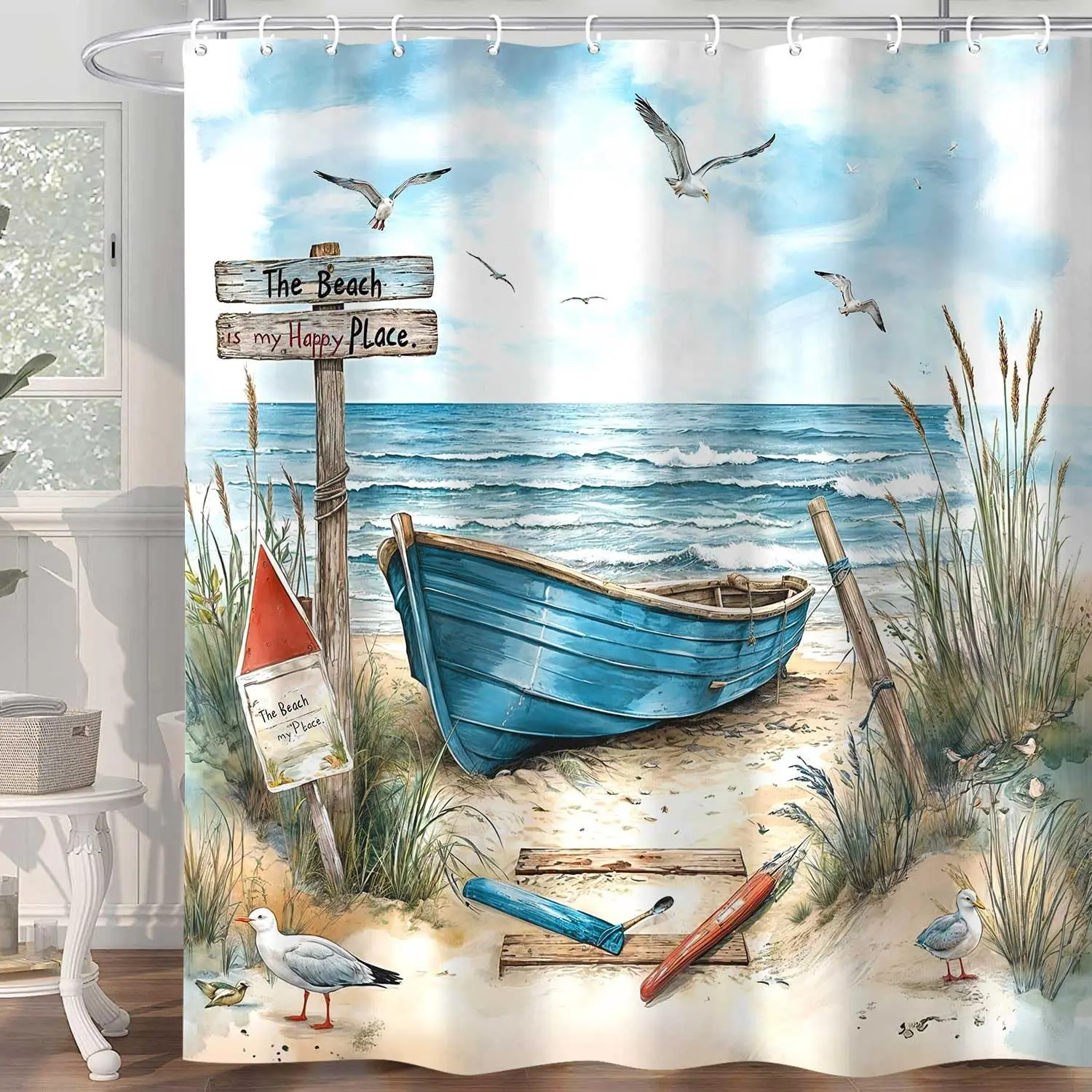 Nautical Beach Seascape Shower Curtain Waterproof Ocean View Bathroom Decor  Coastal Summer Art 180x180cm Tropical Print