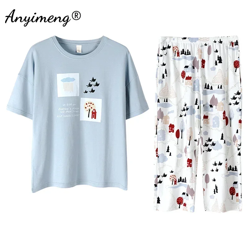 Womens Plus Size Pyjama M-5XL Knielange Leisure Dames Nachtkleding Nieuwe Grote Size Dames Elegante Bloemen Printing Pyjama Thuis pak