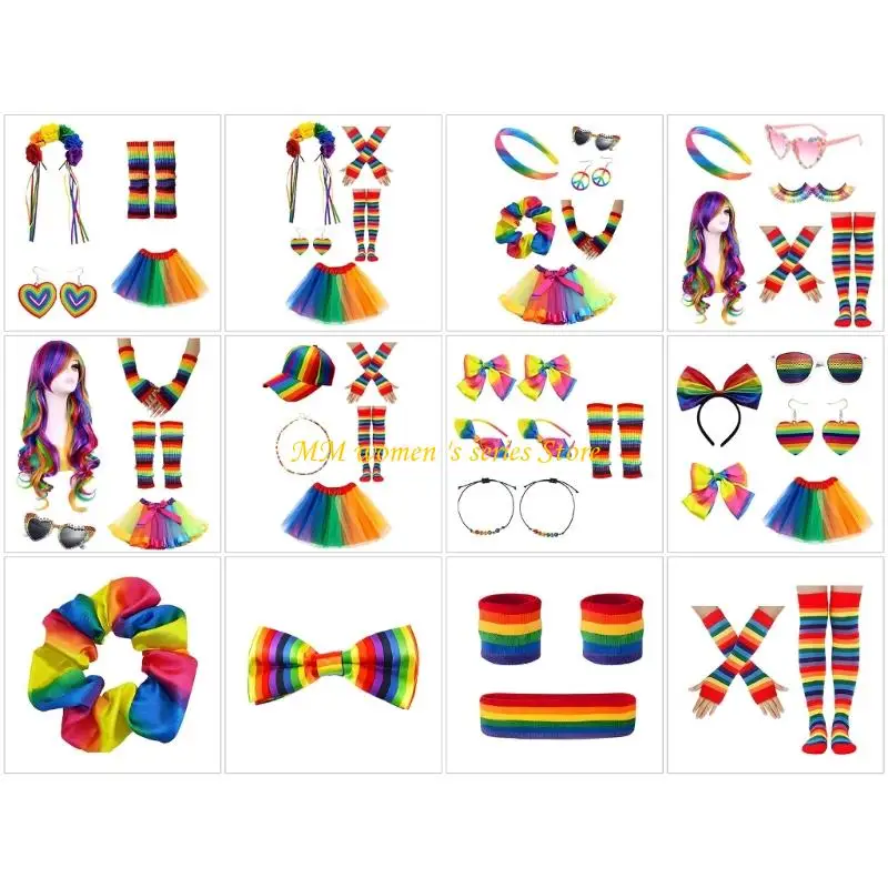 Q39C Costume arcobaleno per donna Gonna tutù arcobaleno Fascia per capelli scaldamuscoli Orecchini a cuore Calzini a righe