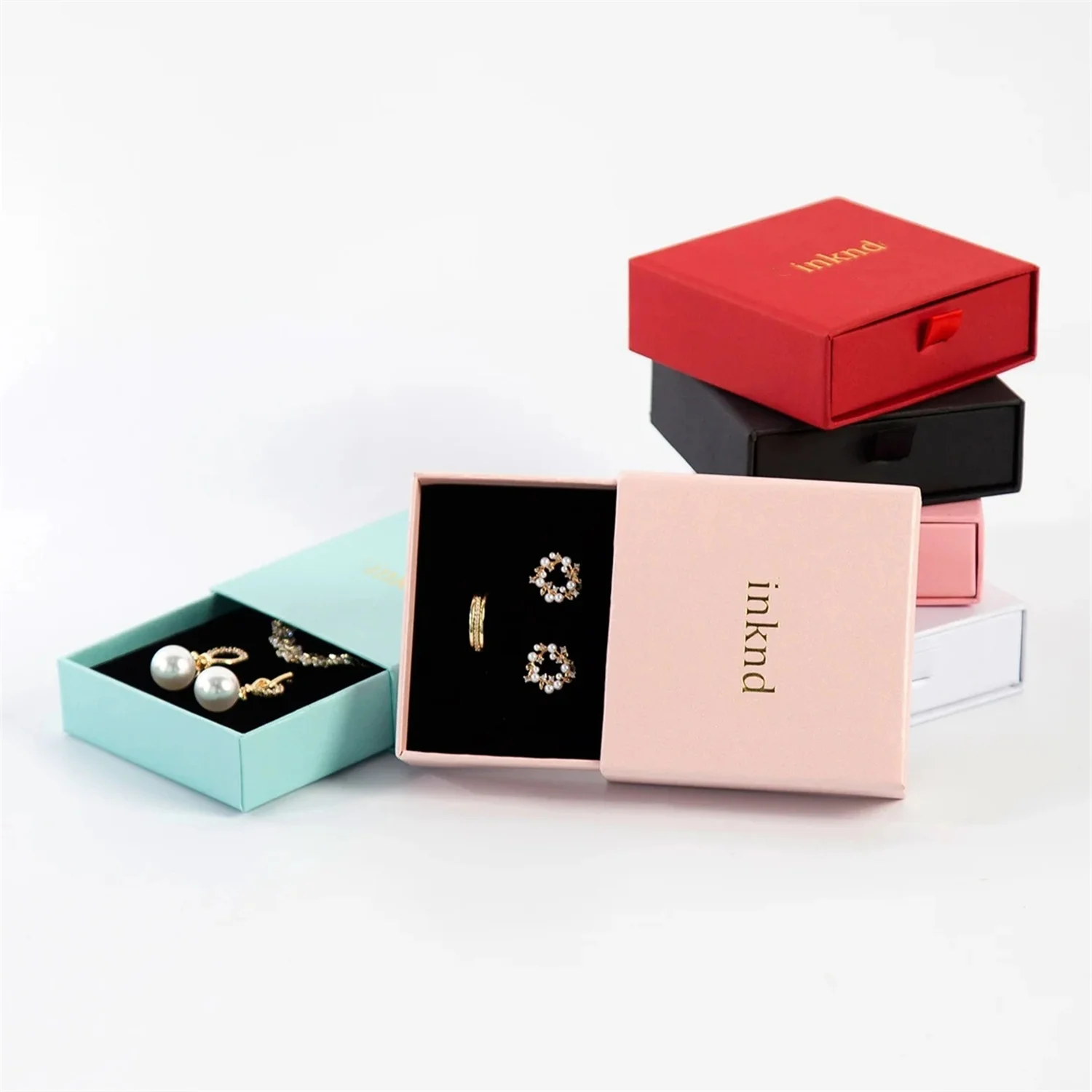

50pcs Jewelry Paper Box Custom Ring Box with Balck Sponge Personalized Logo Necklace Package Bulk White Drawer Cardboard Box Pac