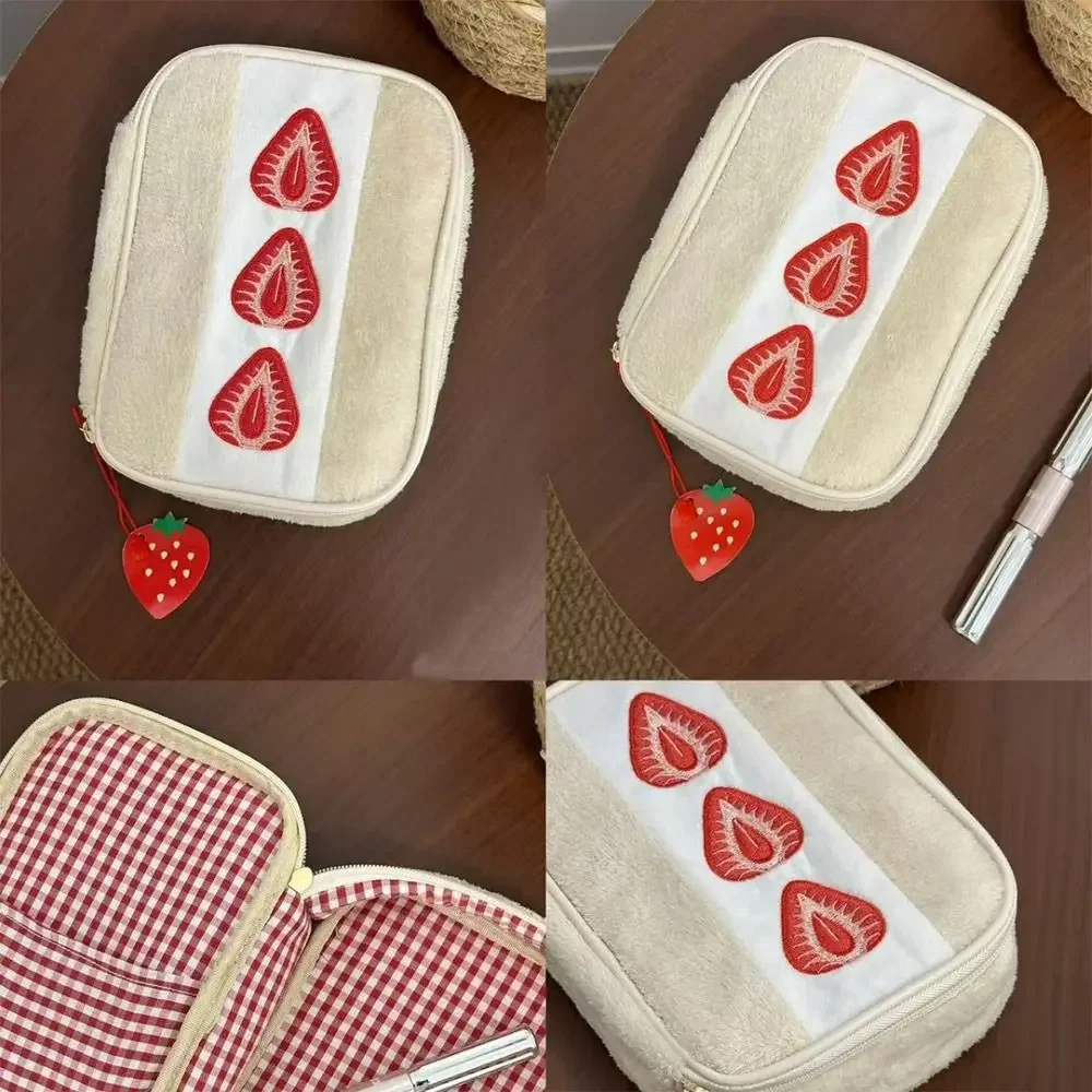 Portable Fuzzy Pen Bag Strawberry Sandwich Multi-functional Makeup Bag Cute Embroidered Pencil Case School Office