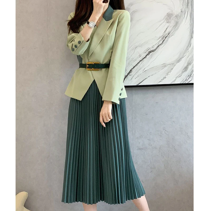 Autumn Winter Two Piece Set for Women Contrast Color Elegant Fashion Belt Office Lady Business Casual Blazer Pleated Midi Skirts