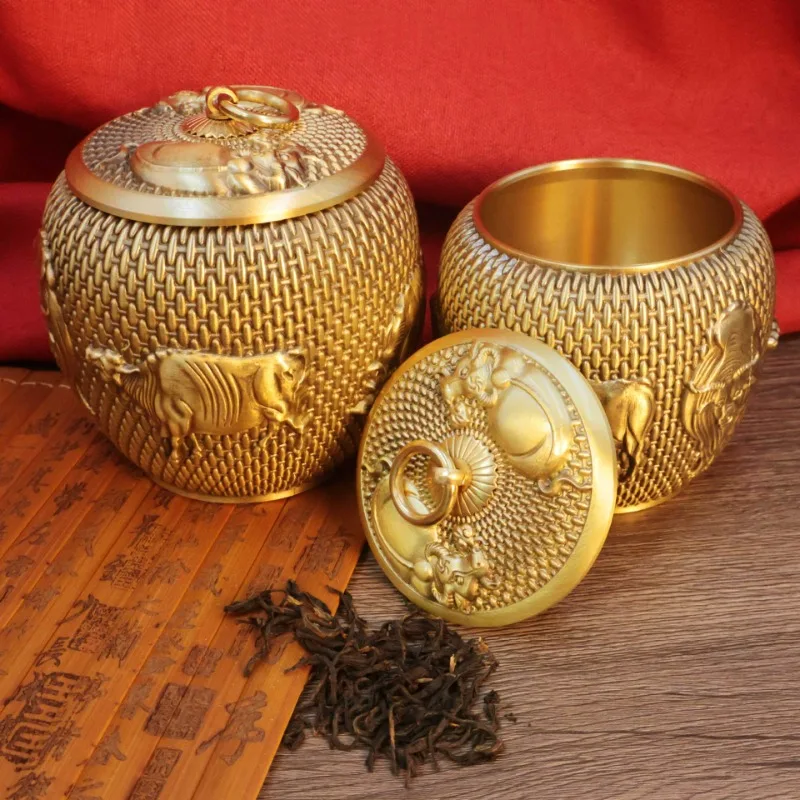 Brass Five Cow Pattern Tea Can with Lid To Store Tea Cans for Home and Office Storage Cans