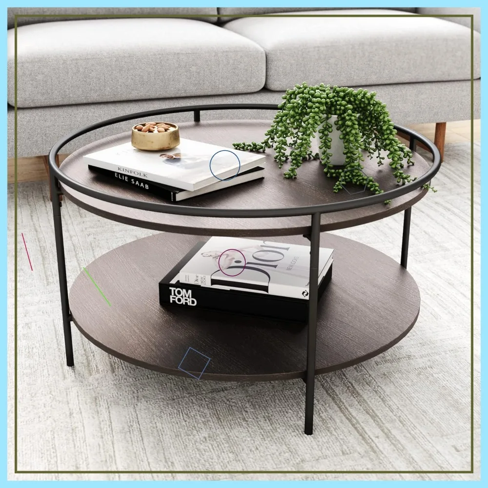 

Двухуровневый круглый журнальный столик с приподнятым краем подноса, минималистичный дизайн из темного дуба и матового черного цвета для гостиной