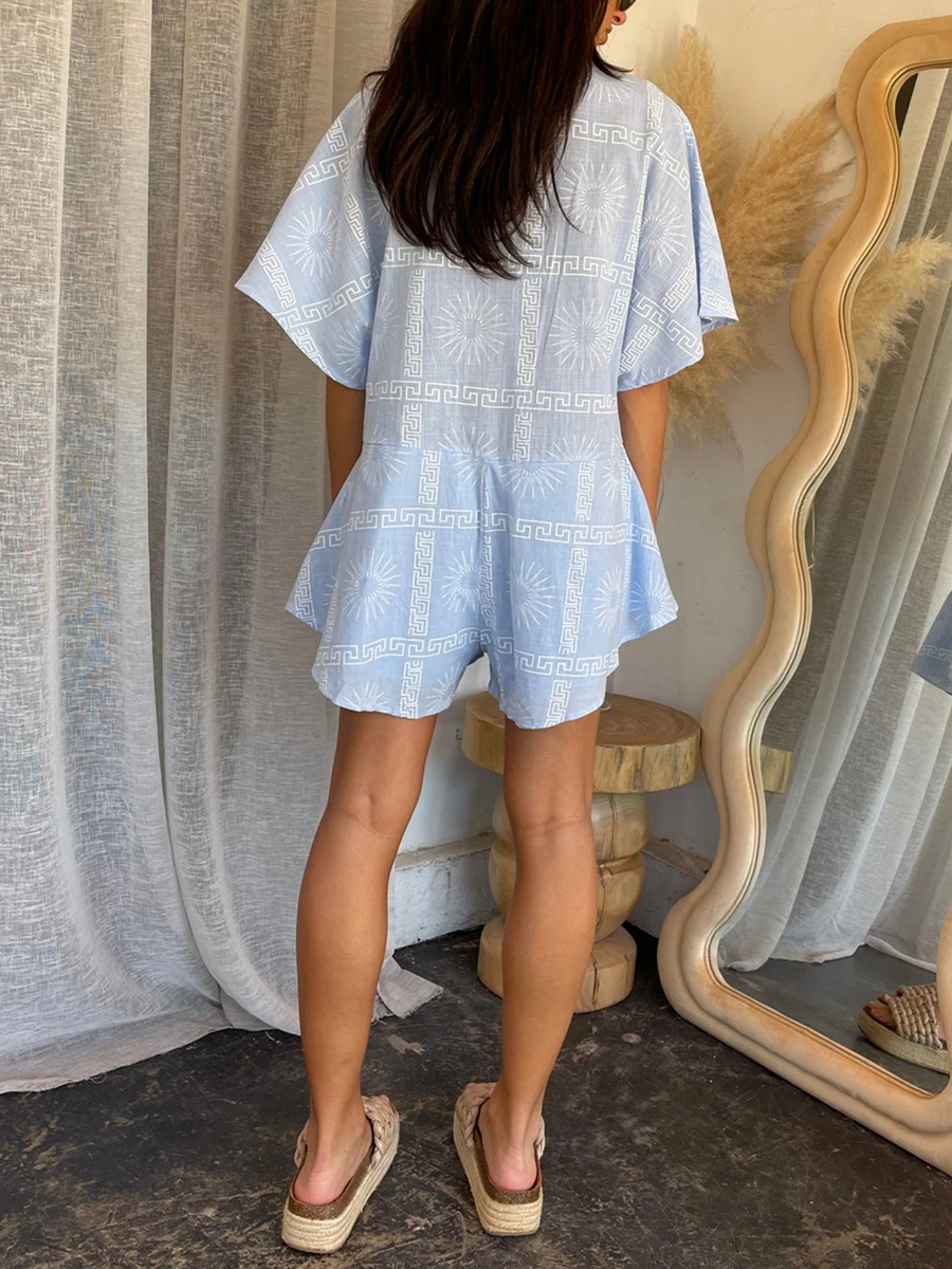 Women Boho Floral Romper Shorts Oversized Button Down Short Sleeve Wide Leg Short Jumpsuit 1Piece Vacation Outfits