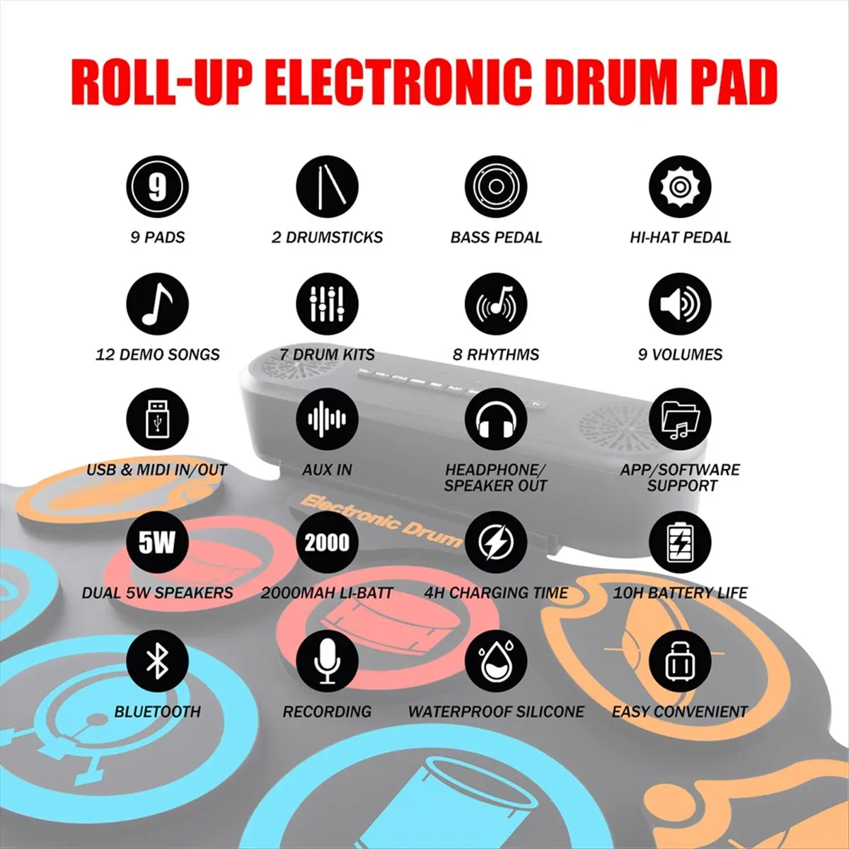 Punctual- 9 Pads Electronic Drum Set Hand Roll Drum Set for DTX Gaming/BT Dual Speaker Pad Drum Portable Drum Set