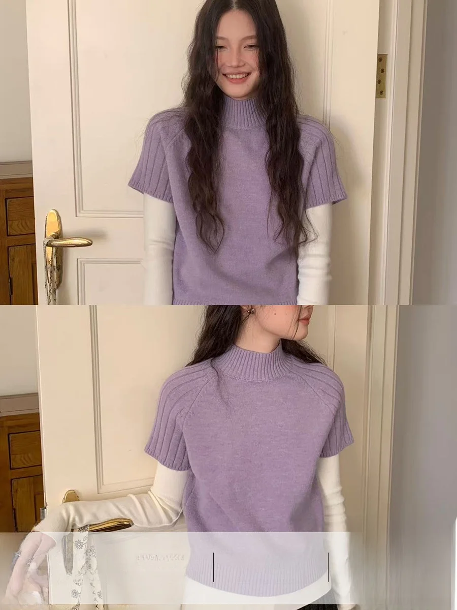 

Soft Purple Short Sleeve Half High Collar Women's Korean Style Sweater Linyunyun Warm Casual Knitted Top for Layering