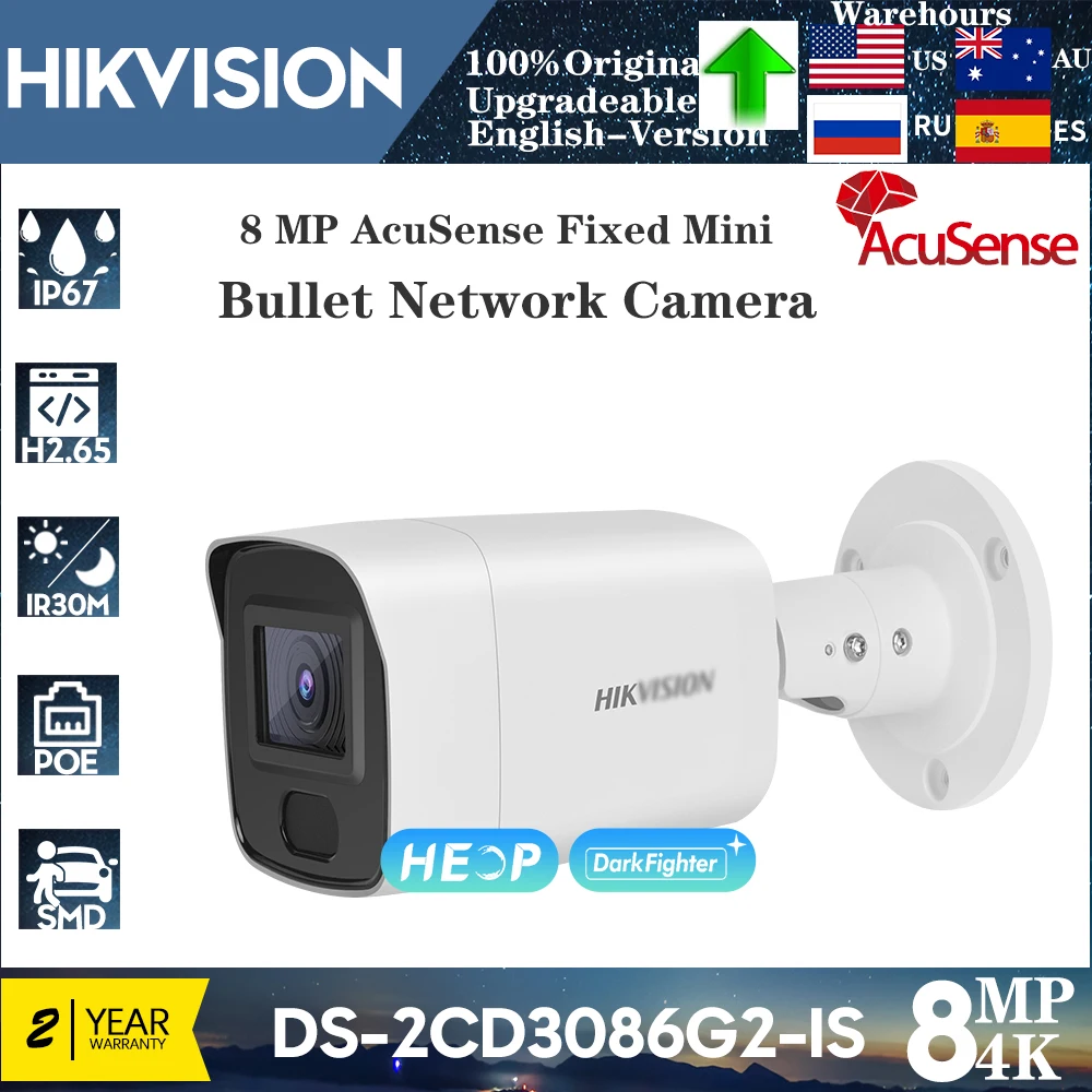 

Hikvision Original DS-2CD3086G2-IS 4K 8MP AcuSense Bullet PoE IP Camera Night Vision 40m Audio Alarm SD Card Security Protection