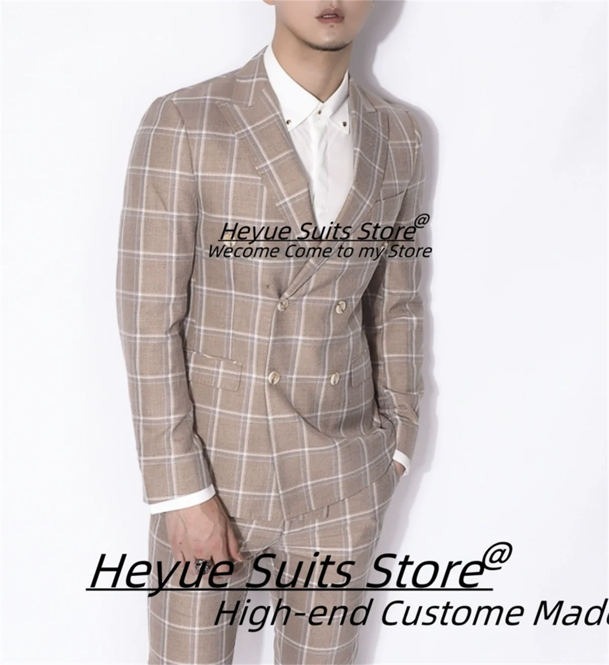 

Business Plaid Men Suits Customized Size Slim Fit Peak Lapel Groom Wedding Tuxedos 2 Pieces Sets Male Double Breasted Blazers