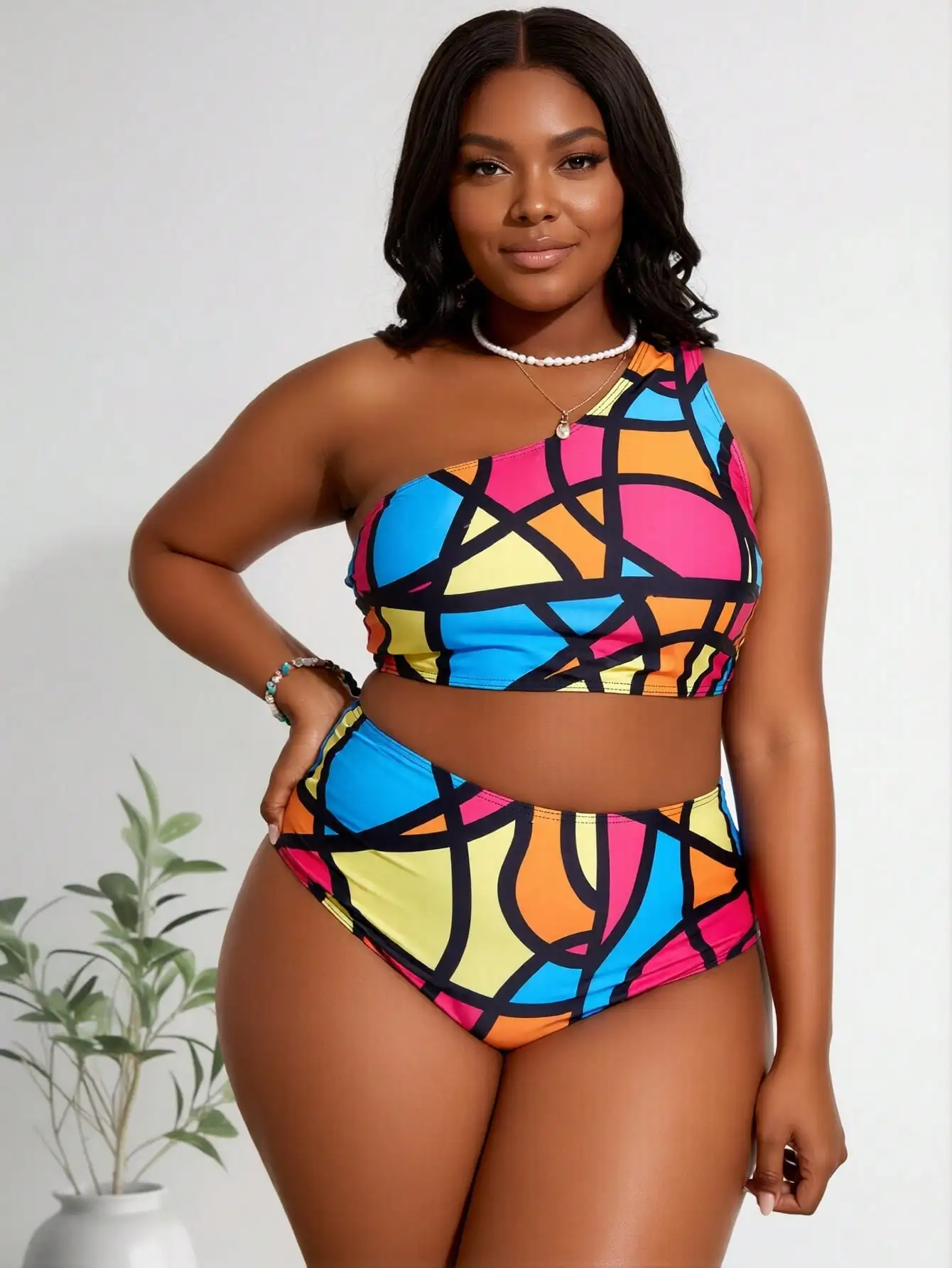 2026 New Plus Size Women's Colorful Geometric Print One-Shoulder High Waist Two-Piece Swimsuit for Vacation