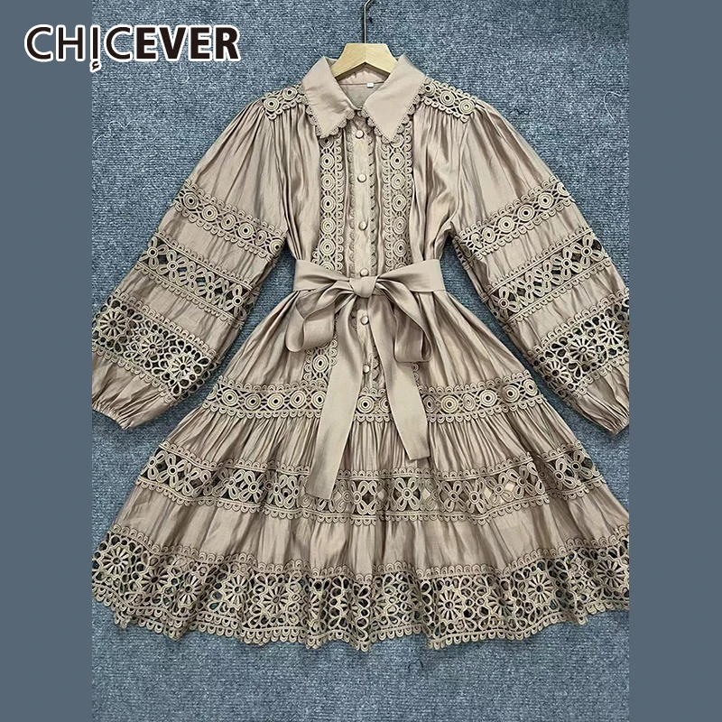 

CHICEVER Hollow Out Mini Dresses For Women Lapel Puff Sleeve Patchwork Lace Up Hight Waist A Line Solid Sweet Dress Female New