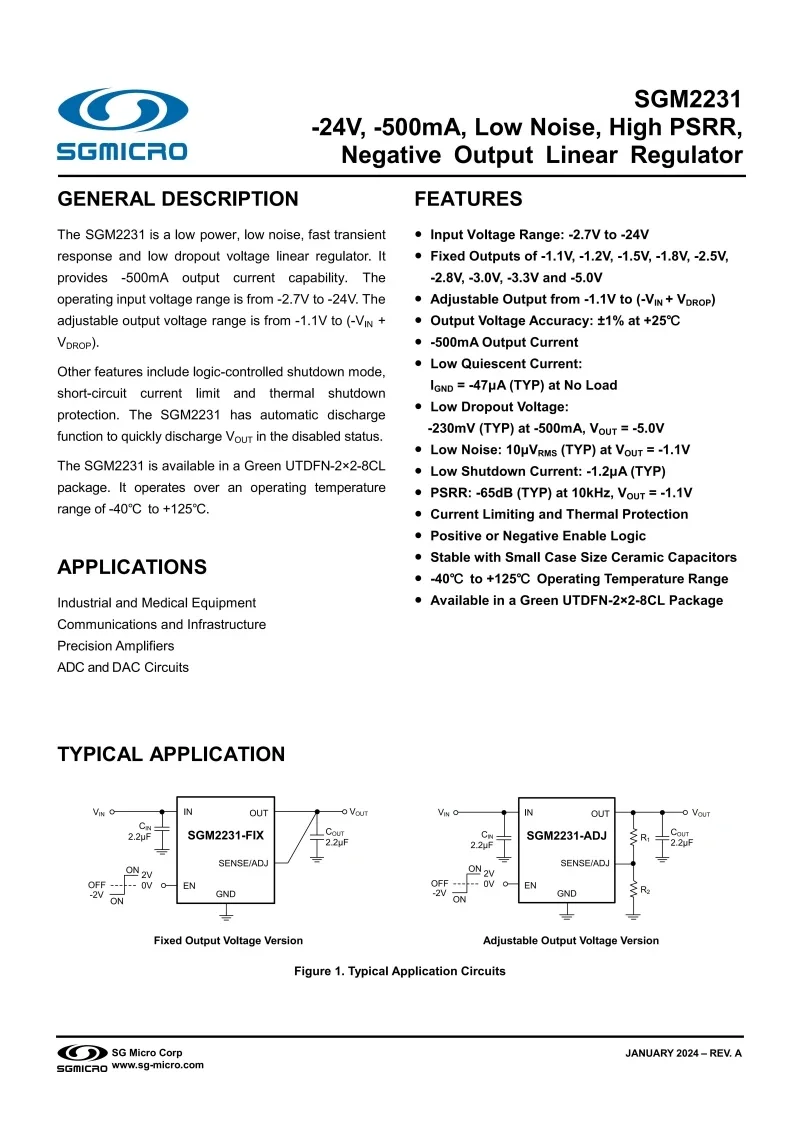 10Pcs/Lot SGM2231-1.8XUGN8G/TR UTDFN-8,Fixed output voltage 1.8V,500mA,24V,Low Noise,High PSRR,Negative Output Linear Regulator