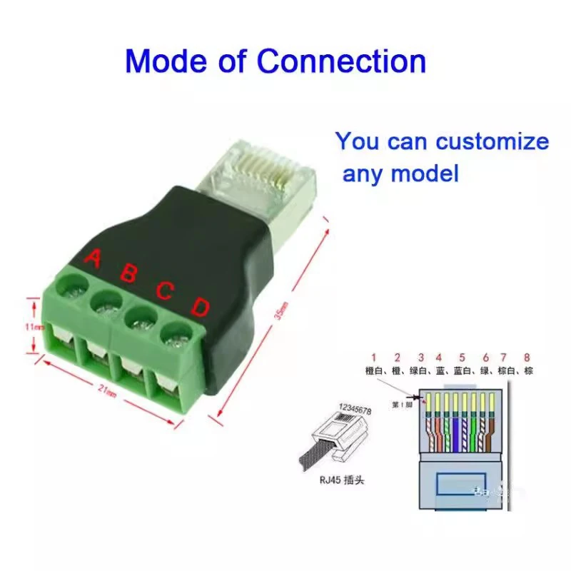 RJ45 TO RS485 Green Terminal Block 4PIN Solderless Wiring mode can be customized RJ45 to Terminal