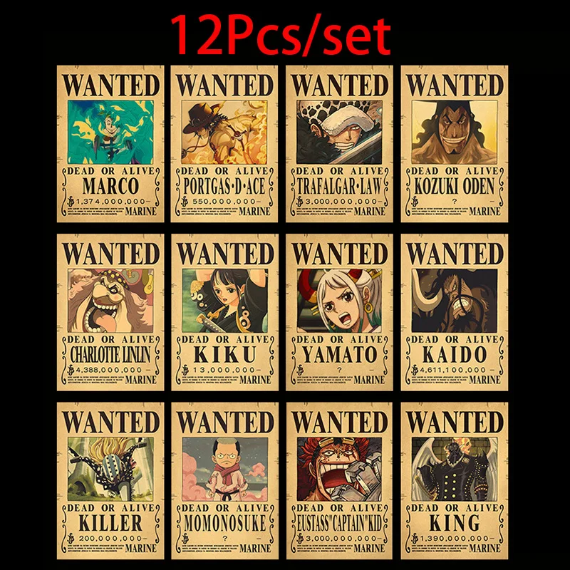 10Pcs Anime One Piece Luffy Wanted Vintage Posters Set for Room Wall Decoration Cartoons Zoro Wanted Painting Stickers Toys Gift