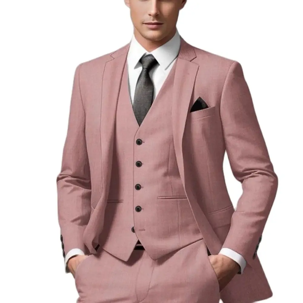 Fashion Dusty Pink Men\'s Suits Eelgant Groom Male Clothing Formal Single Breasted Notch Lapel 3 Piece Jacket Pants Vest Blazer