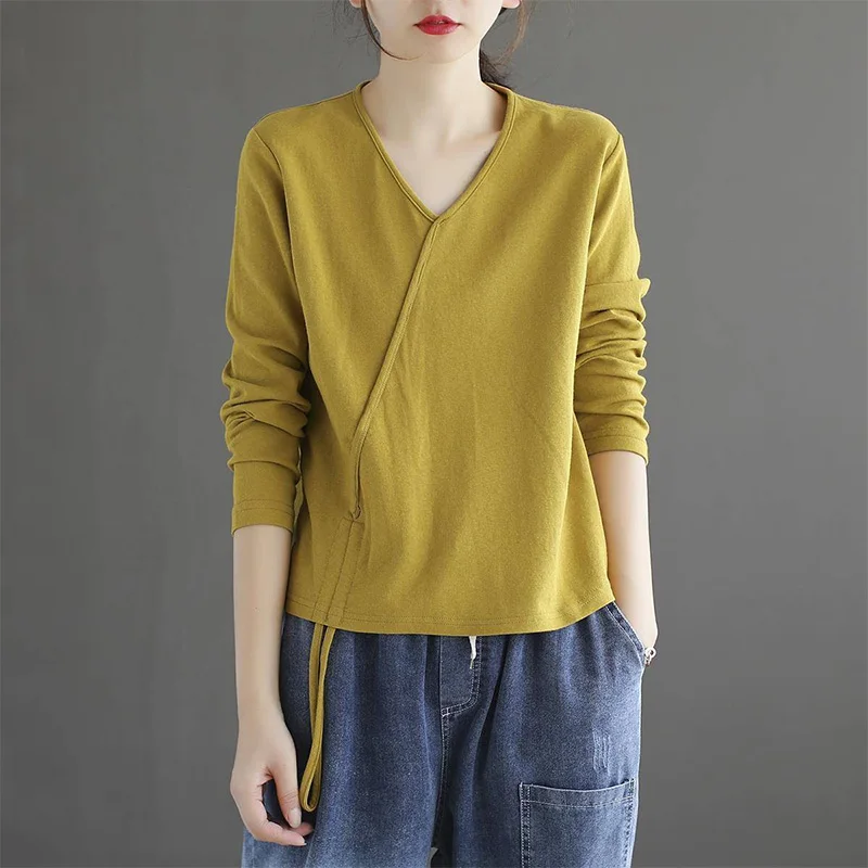 

Loose-fitting Drawstring Casual Long Sleeved Vintage Tops Autumn Women's Clothing Cotton Solid Color V-Neck Pullover T-shirts