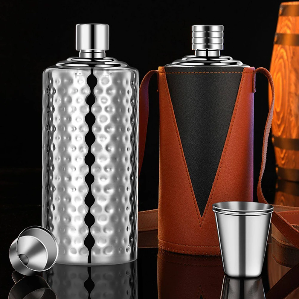 304 stainless steel portable wine flask, Liquor flagon with leather case, Outdoor carry-on mini wine bottle, 500/1000ML