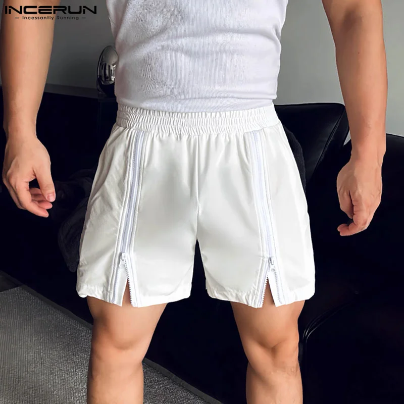 INCERUN Men Shorts Solid Color Elastic Waist Loose Zipper Joggers Casual Men Bottoms Streetwear Summer 2024 Fashion Male Shorts