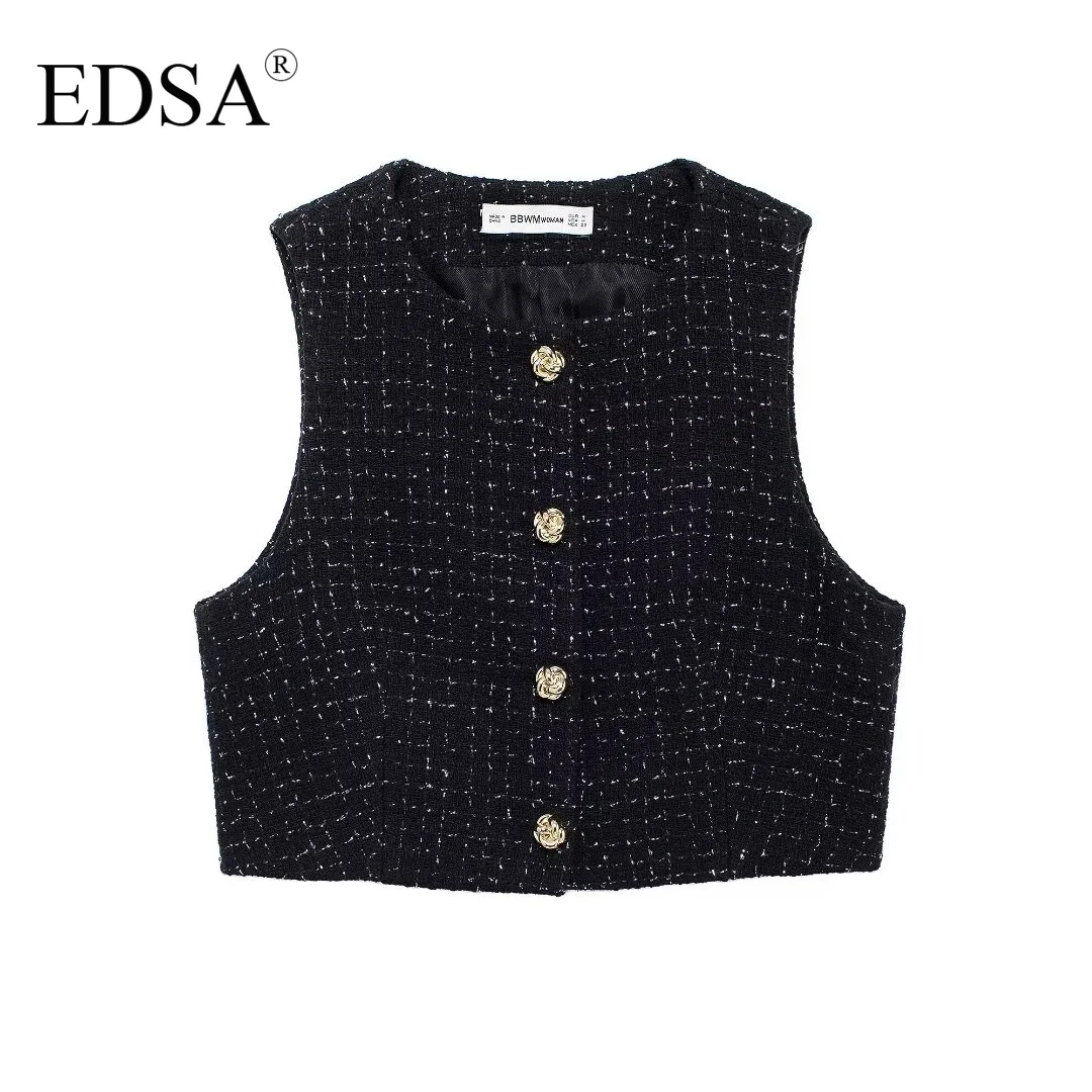 EDSA Women Black Textured Shorts Set 2 Pcs Round Neck Cropped Waistcoat & Shorts Skirt for Female Suits Streetwear